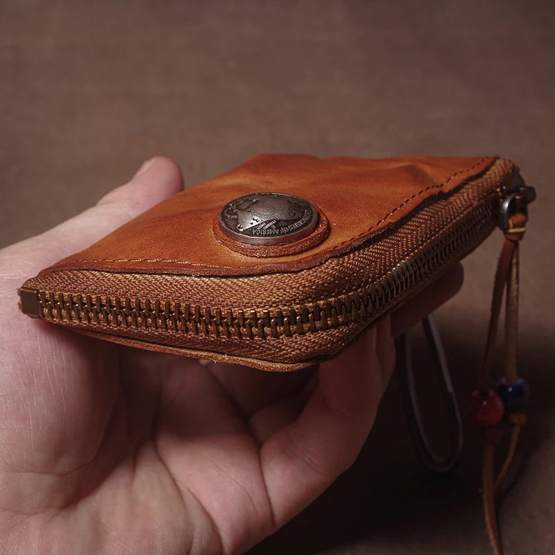 High Quality Genuine Leather Home Car Key Bag Retro Men Handmade Top Cowhide Coin Purse Women Zipper Mini Wallet Card Holde
