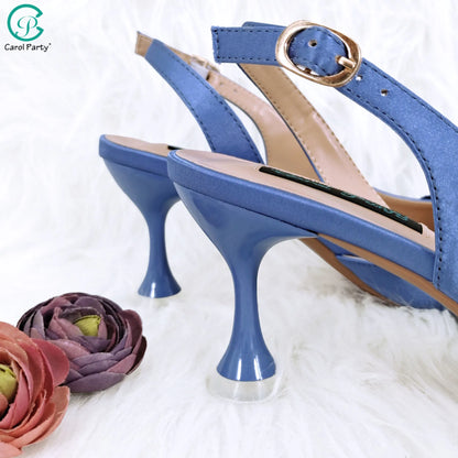 New Sky Blue Satin Handmade Flowers Shoes And Bag African Women's Banquet Pointed Toe Heels Matching Shoes And Bag Wedding Party