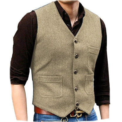 Men Vest Dark Green Herringbone Single Button V Neck With Pocket Waistcoat For Wedding Banquet Business Casual Work Men Suit
