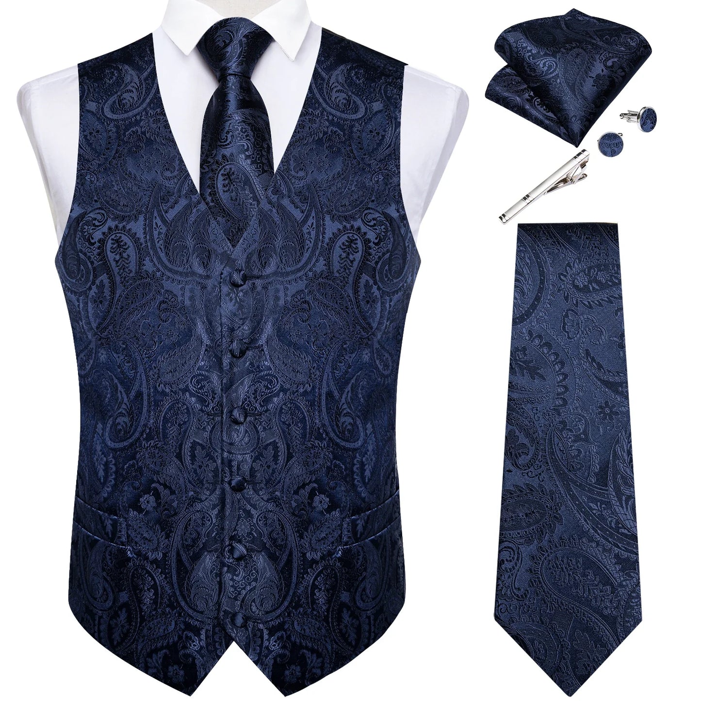 Suit Vest for Men Black Solid Paisley Wedding Prom Groom Jacquard Waistcoat with Necktie for Tuxedo Men Clothing