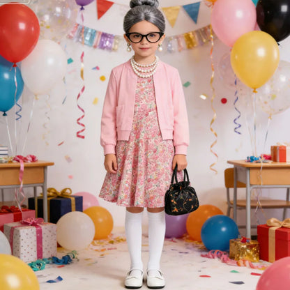 Baby Girl Celebrating 100th School Days Funny Cosplay Costumes Dress Granny Girl Cosplay Floral Old Lady Dress Up With Cane