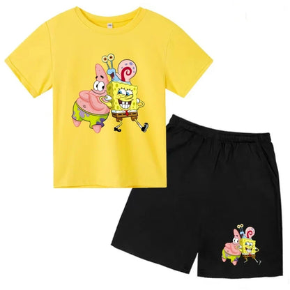 Kids Summer Anime SpongeBob SquarePants Fashion T-shirt 3-12 Years Boys Girls Toddler Short-sleeved+Shorts Casual Sportswear Set