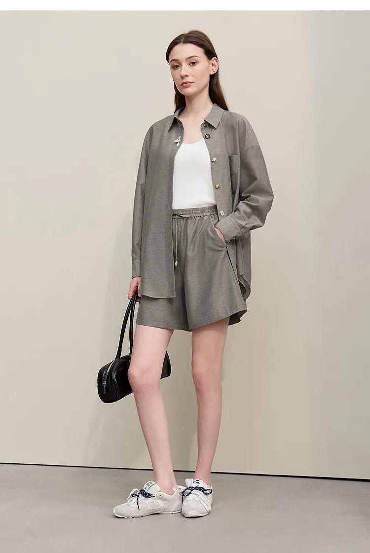 Women's Casual Shirts 2026 Summer New Holiday Style Separate Shorts Long Sleeve Top Single Loose Solid Shorts 12652027