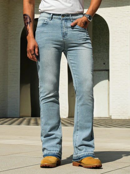 Men's Vintage Light Blue / Black Flare Jeans, Slim Straight Leg Raw Hem Casual Denim Pants