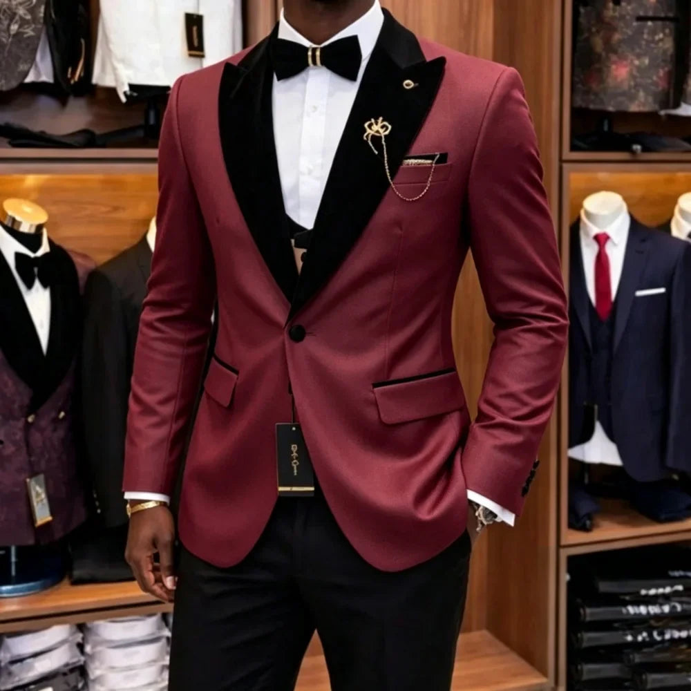Slim Fit Luxury Three Pieces Men Suit Set Separates Custom Groom Tuxedo With Black Velvet Lapel For Wedding Party ropa hombre