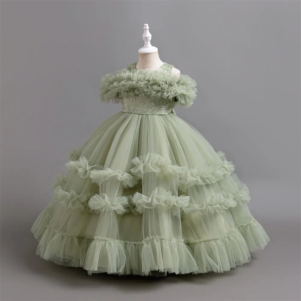 New Elegant Dress for Girls Flower Wedding Long Embroidered Panto Skirt 4-12 Years Old Piano Performance Girl Dress