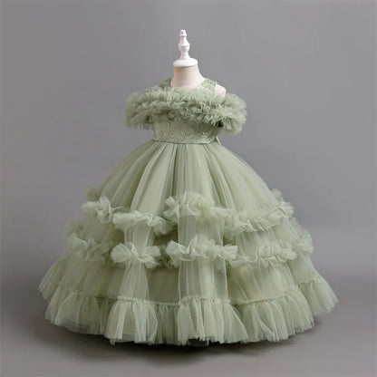 New Elegant Dress for Girls Flower Wedding Long Embroidered Panto Skirt 4-12 Years Old Piano Performance Girl Dress