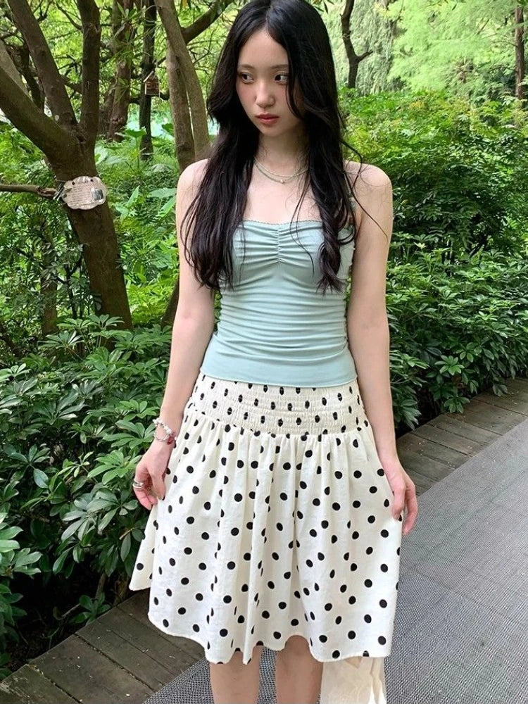 Deeptown Korean Style Polka Dot Skirts Women Sweet Elegant Y2k Ruffle Skirts Vintage Summer Femal A-line Mid Skirts Aesthetics