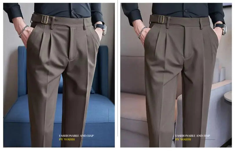 Pure Color Male Business Wedding Dress Pants Fashion Unique Design Men Waist Adjustable Suit Pant No Belt Slim Trousers Homme