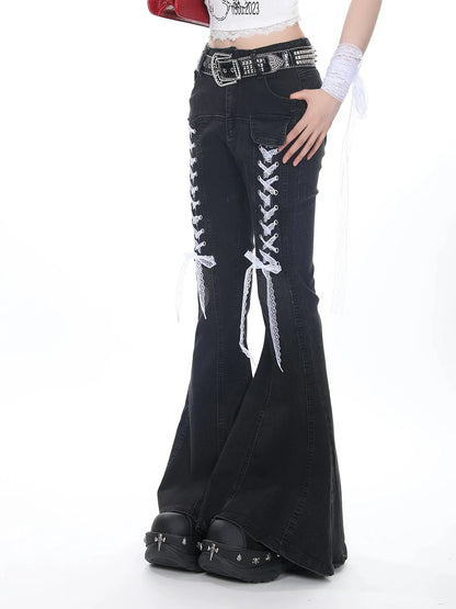 2025 Autumn Winter Women Designer 2000s Harajuku Lace Gothic Flare Denim Pants Y2k Japanese Streetwear Jean Baggy Bell Bottom