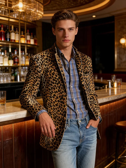 Men's Leopard Print Velvet Blazer Classic Fit Stylish Long Sleeve Notched Lapel Suit Jacket for Nightclub Wedding Streetwear