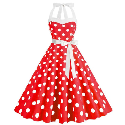 Women Summer Party Dress With Belt Polka Dot Print Halter Hepburn Robe 50s 60s Vintage Dresses