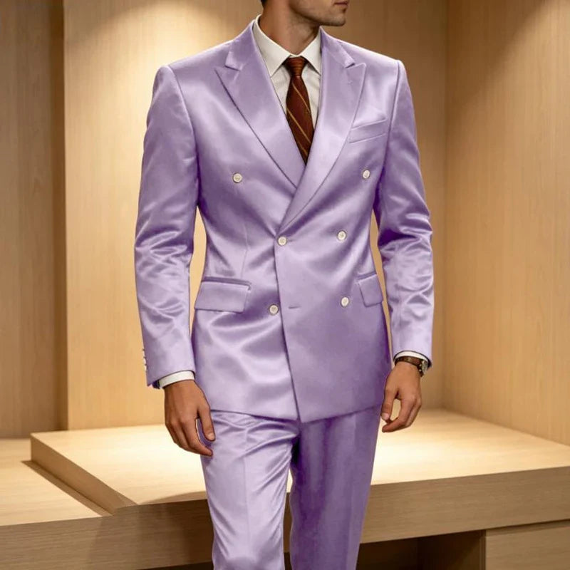 Luxury Men's Shiny Satin 2 Piece Suit Peak Lapel Double Breasted Jacket Pants Elegant Slim Fit Formal Tuxedo for Wedding Party