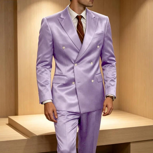 Luxury Men's Shiny Satin 2 Piece Suit Peak Lapel Double Breasted Jacket Pants Elegant Slim Fit Formal Tuxedo for Wedding Party