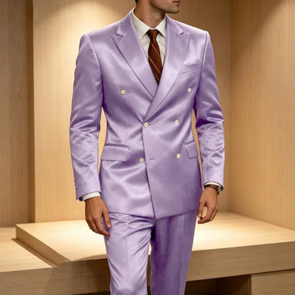 Luxury Men's Shiny Satin 2 Piece Suit Peak Lapel Double Breasted Jacket Pants Elegant Slim Fit Formal Tuxedo for Wedding Party