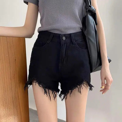 Black High-Waist A-Line Wide Leg Jeans Shorts for Women Summer 2026 Trendy Loose Fit Slimming Hot Pants Ladies Denim