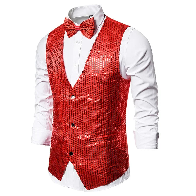 New Gold Sequin Vest Men's Single-breasted V-neck Sleeveless Vests Coat Wedding Party Waistcoat Silver Blue Purple Red Tops
