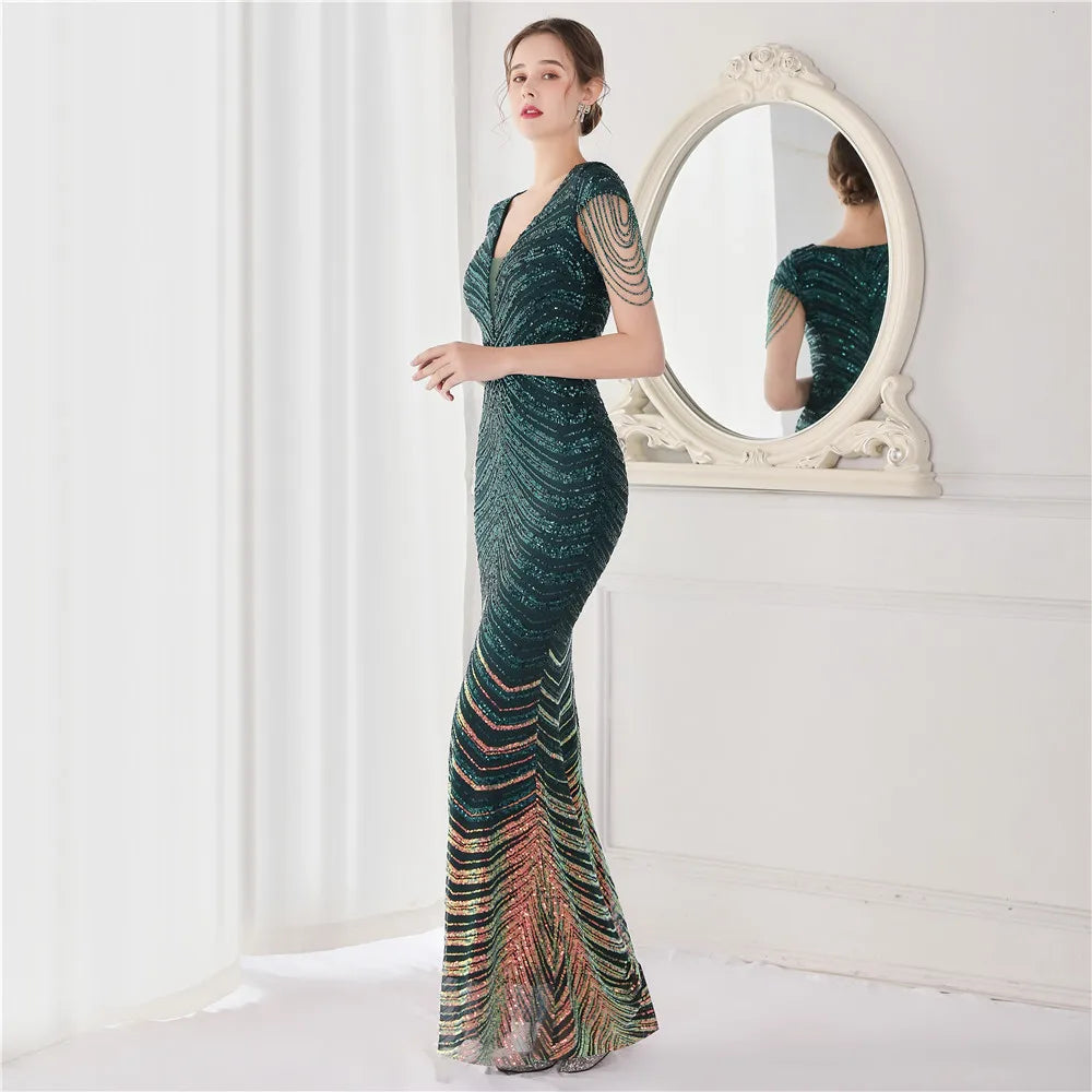 Elegant V Neck Mermaid Evening Dress Long Luxury Beads Women Evening Party Dresses 2025 New Formal Dress 19085