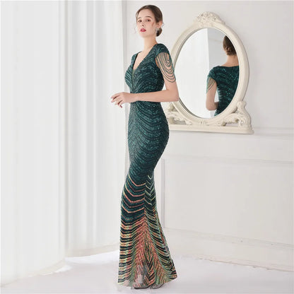 Elegant V Neck Mermaid Evening Dress Long Luxury Beads Women Evening Party Dresses 2025 New Formal Dress 19085