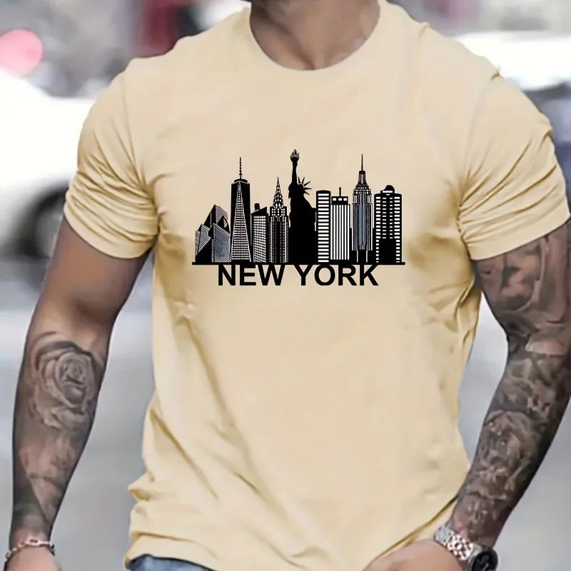 100% pure cotton men's New York city pattern printed fashionable casual loose sports round neck short sleeved T-shirt top