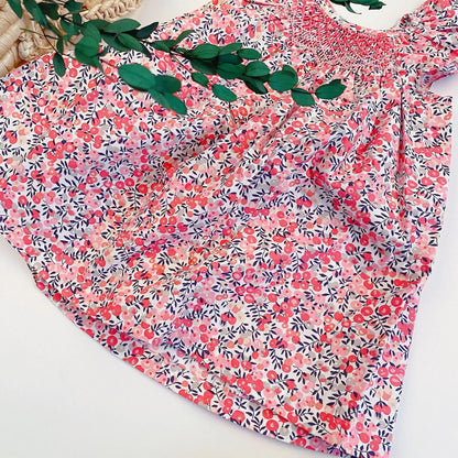 Summer Floral Smocked Vest Dress for Girls Vestidos European Style Baby Dresses Soft Breathable Cotton Children Beach Dress