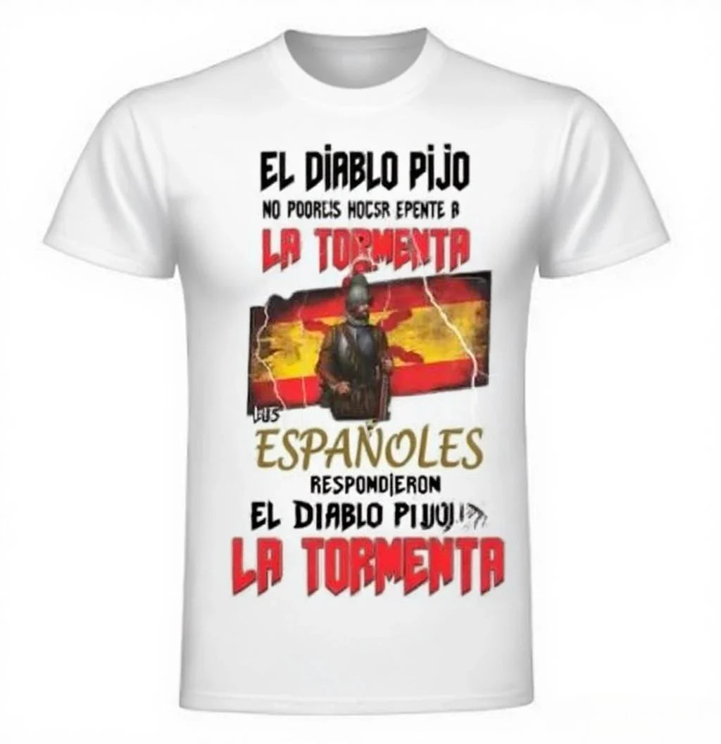 Spanish Rock Tshirt, EL DIABLO PIJO Vintage Soldier Graphic Tee, Red Yellow Flag Design, Bold Statement Cotton Shirt