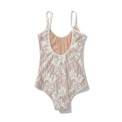Sexy See Through Lace With Lining Backless Spaghetti Strap Bodysuit Woman Sling Tight Short Jumpsuit Slim Fit Rompers Playsuits