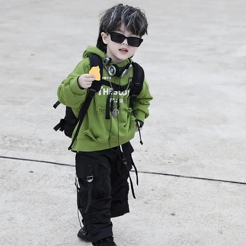 Children's 2026 Spring New Korean Version Boy Fruit Green Pocket Cut Hooded Casual Hoodie Trendy Cool Cargo Pants Two Piece Set