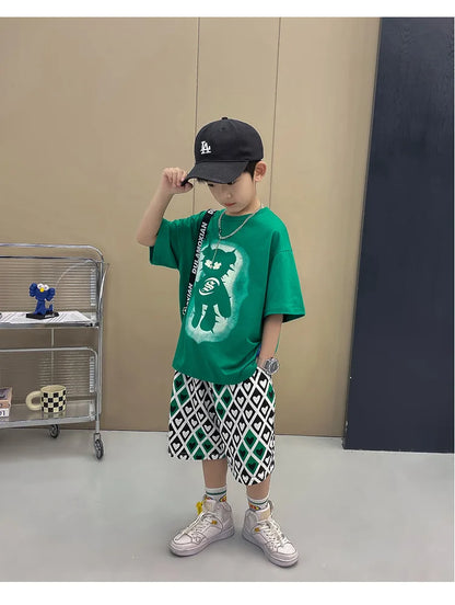 Summer Boys Cotton Short-Sleeved T-shirt Tops+Drawstring Shorts Pant School Kids 2PCS Tracksuit Child Outfit Workout Set 3-14 Yr