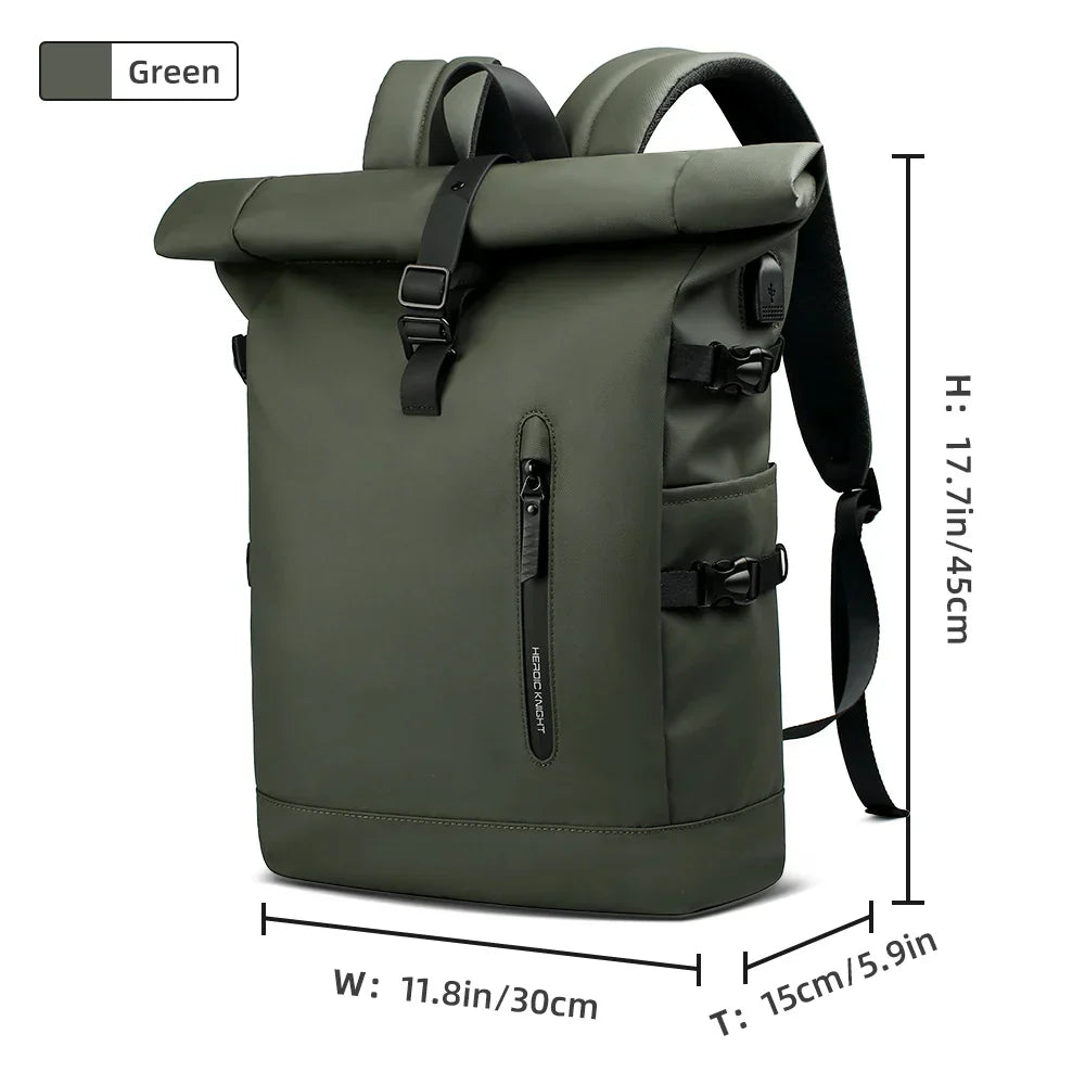 Heroic Knight Men's backpack Waterproof Roll Top Backpack Women Travel Expandable USB Charging Large Capacity Laptop Bag Mochila