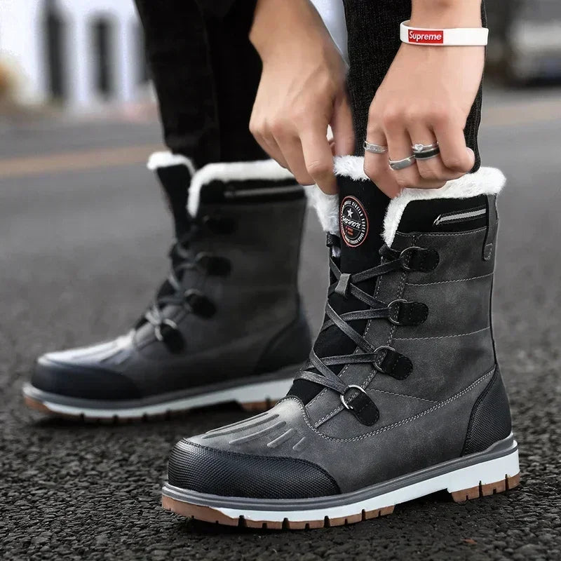Fashion Men's Winter Boots Warm Fur High-top Snow Boots Men Waterproof Leather Platform Boots Outdoor Non-slip Men Winter Shoes