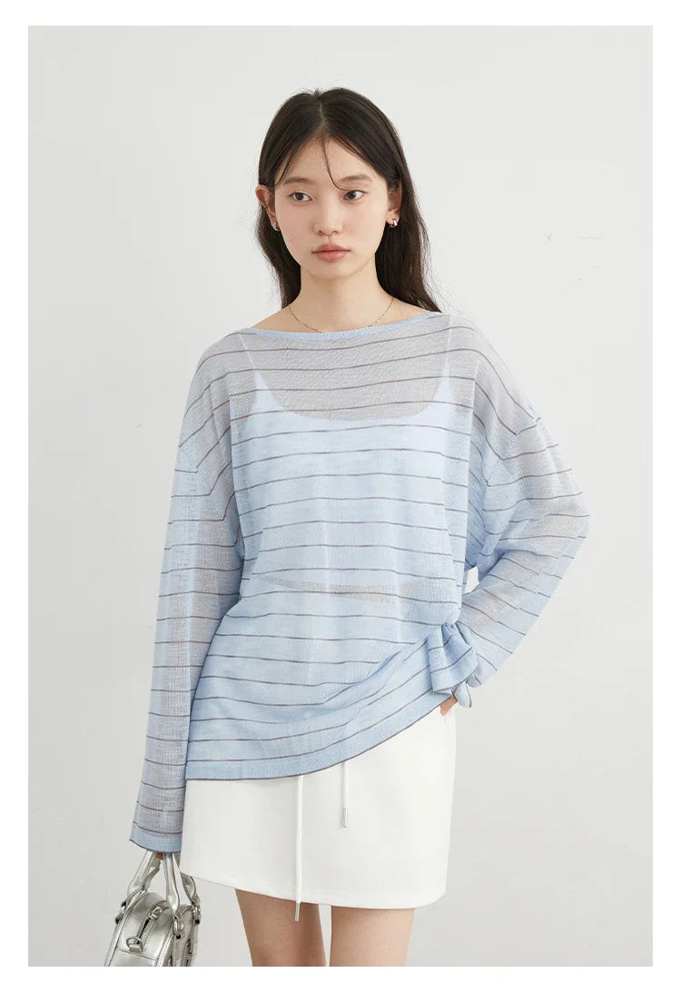 Korean Women T-Shirts Loose Casual New Striped Long Sleeve Sunscreen Shirt Designed Female Tees Summer 2025