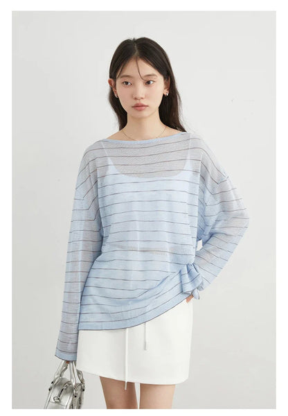 Korean Women T-Shirts Loose Casual New Striped Long Sleeve Sunscreen Shirt Designed Female Tees Summer 2025