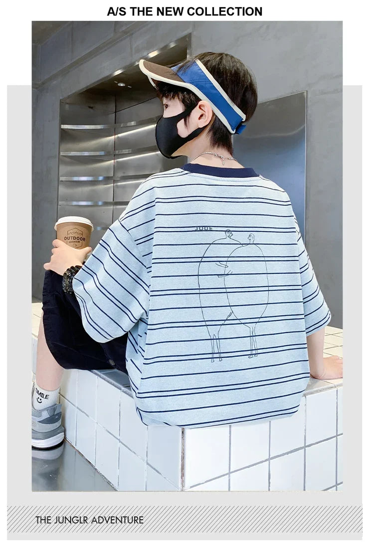 2026 Kids Top and Bottom Clothes Summer Set For Tweens Boys Casual Striped Tracksuit Outfit Children Cargo Clothing 2PCS Suit