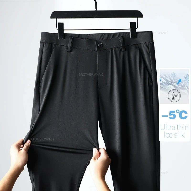 Ultra-thin Ice Silk Cool Men's  Casual Pants Summer New High Elasticity Quick-drying Drape Business Straight Trousers Black Gray