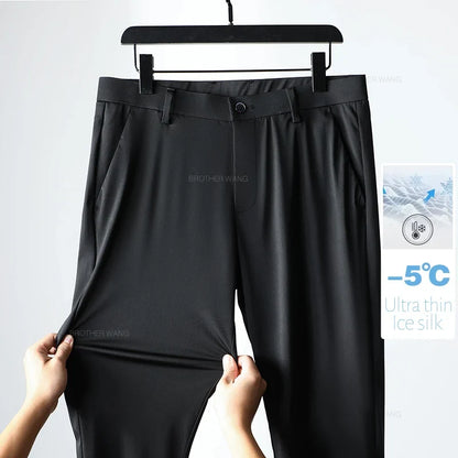 Ultra-thin Ice Silk Cool Men's  Casual Pants Summer New High Elasticity Quick-drying Drape Business Straight Trousers Black Gray