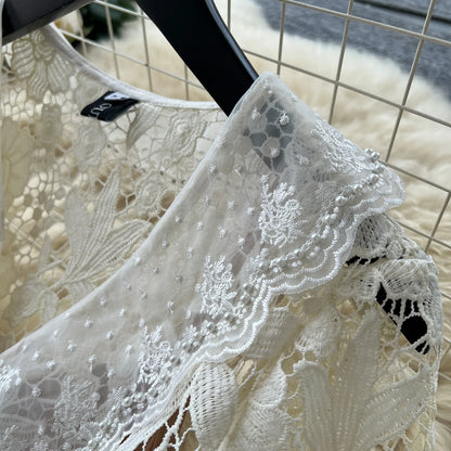 Classy Vintage Flower Lace Dress Office Lady Hollow Out Sashes Short Sleeve Bodycon French Senior Straight Long Dress