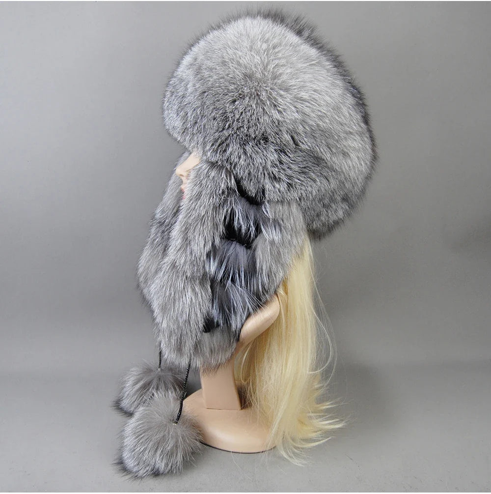 Hot Sale Lady Winter Warm Luxury 100% Natural Fox Fur Hat Fashion Fluffy Fox Fur Rex Rabbit Fur Caps Women Real Fur Bomber Hats