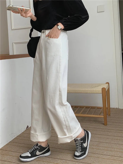 Korean Sle Simple Pure Color Wide Leg Jeans Pants for Women Summer Season Fall Collection Faion Ladies Premium Denim