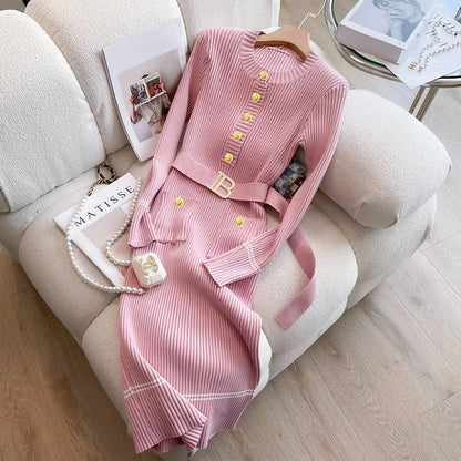 2025 Autumn Winter Women Knitted Dress Brand Fashion O-neck Buttons Bodycon Sweater Dress with Belt Lady Office Dress