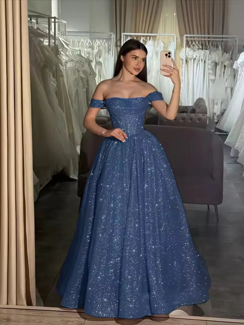 Customized Moden Prom Dress 2026 Glitter Tulle Off the Shoulder Wedding Party Dress Boat-neck A-line Floor-Length Evening Gowns