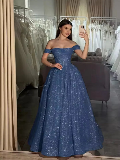 Customized Moden Prom Dress 2026 Glitter Tulle Off the Shoulder Wedding Party Dress Boat-neck A-line Floor-Length Evening Gowns