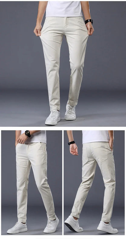 Summer Thin Men's Casual Pants Cotton 7 Colors Classic Style Elastic Straight Slim Fit Business Fashion Long Trousers Male
