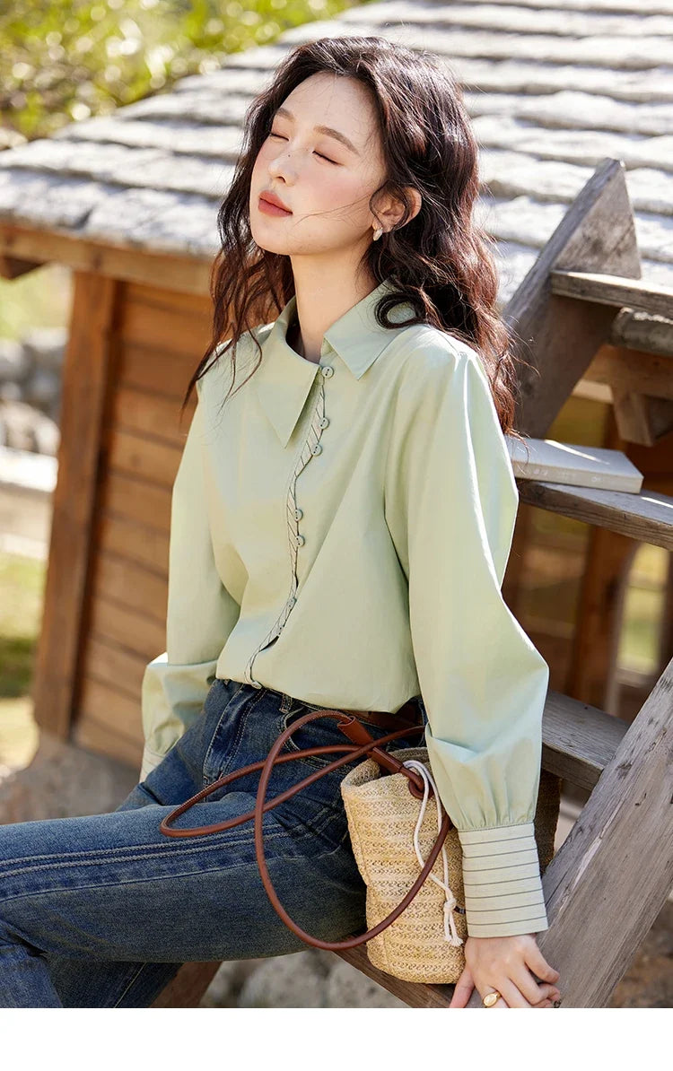 Striped Patchwork Shirt for Women Spring 2025 Irregular Single Breasted Buckle Shirts Lapel Tops Office Lady MXE12C0412
