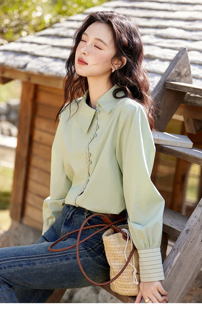 Striped Patchwork Shirt for Women Spring 2025 Irregular Single Breasted Buckle Shirts Lapel Tops Office Lady MXE12C0412