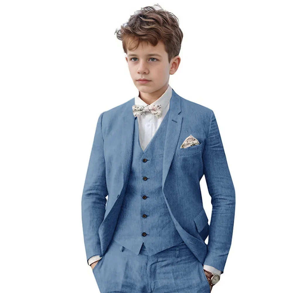 Breathable Linen Boys Suit Set 3 Pieces For Wedding Party,Notched Lapel Kids Suits Piano Performance Outfit Toddler 3-16Y
