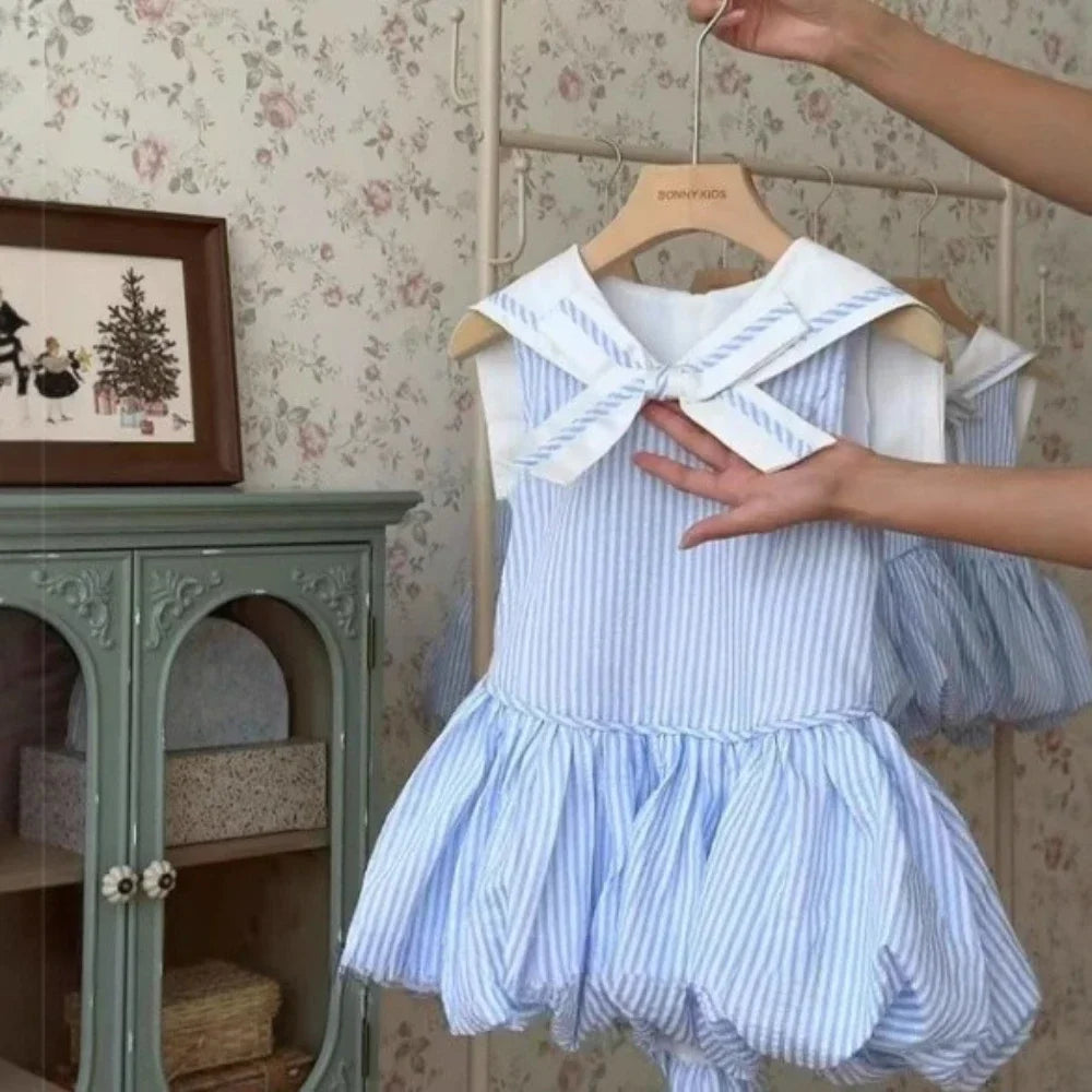 Summer Blue Striped Printed Princess Dress Sleeveless Collar Splicing Girls Dresses Korean Version Kids Casual Wear