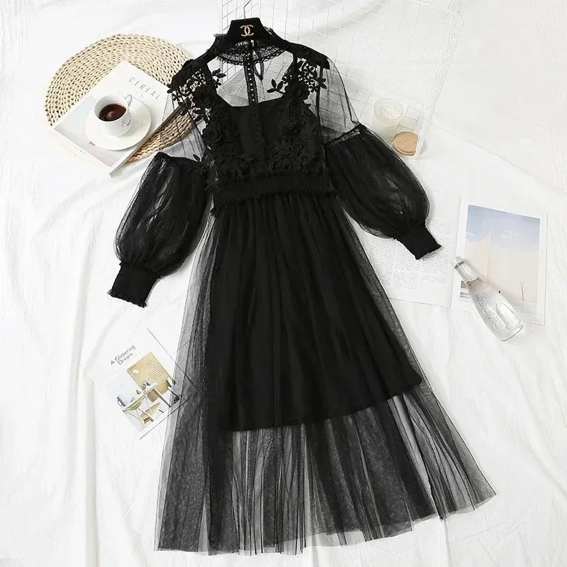 Lace Flower Mesh Summer Dress Women Lantern Sleeve White Casual Dresses Female Party Vintage Slim Women Dress 2 Piece Sets 12041