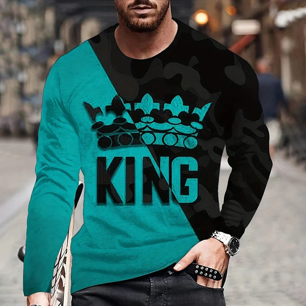 Vintage King King 3D Printed Summer Men's Round Neck T-Shirt Casual Long Sleeve Oversized T Shirt Fashion Pullover Menswear