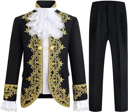 Boys Golden Flower Jacket Pants Tie 3PS Drama Dress Kids Prince Charming Cosplay Costume Children Performance Photograph Suit